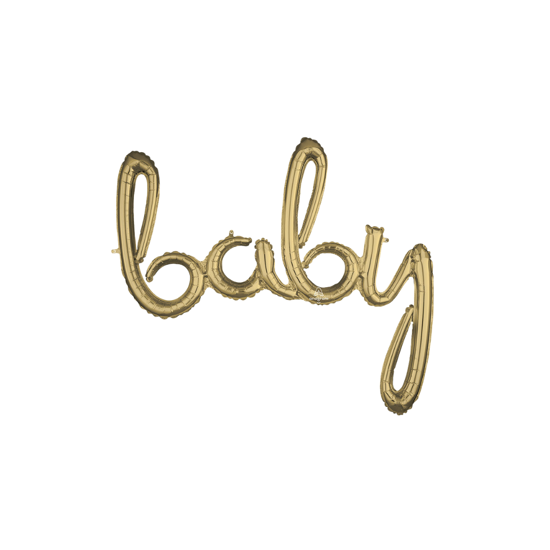 Gold 34in baby script foil balloon for baby shower and gender reveal décor – from Parte Haus party supply store in Bethesda, MD.