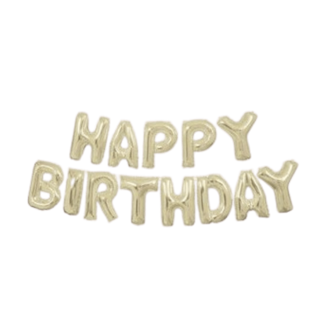 Gold 14in Happy Birthday banner foil balloon for birthday party décor – from Parte Haus party supply store in Bethesda, Maryland.