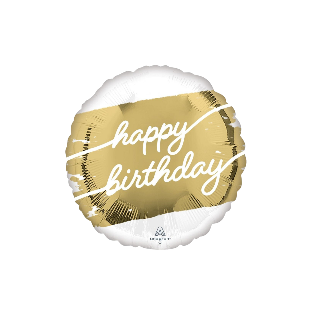Gold 18in Happy Birthday foil balloon with white script for birthday parties – from Parte Haus party supply store in Bethesda, Maryland.