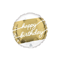 Gold happy birthday foil balloon with white script for birthday celebration from Parte Haus party supply store in Bethesda MD
