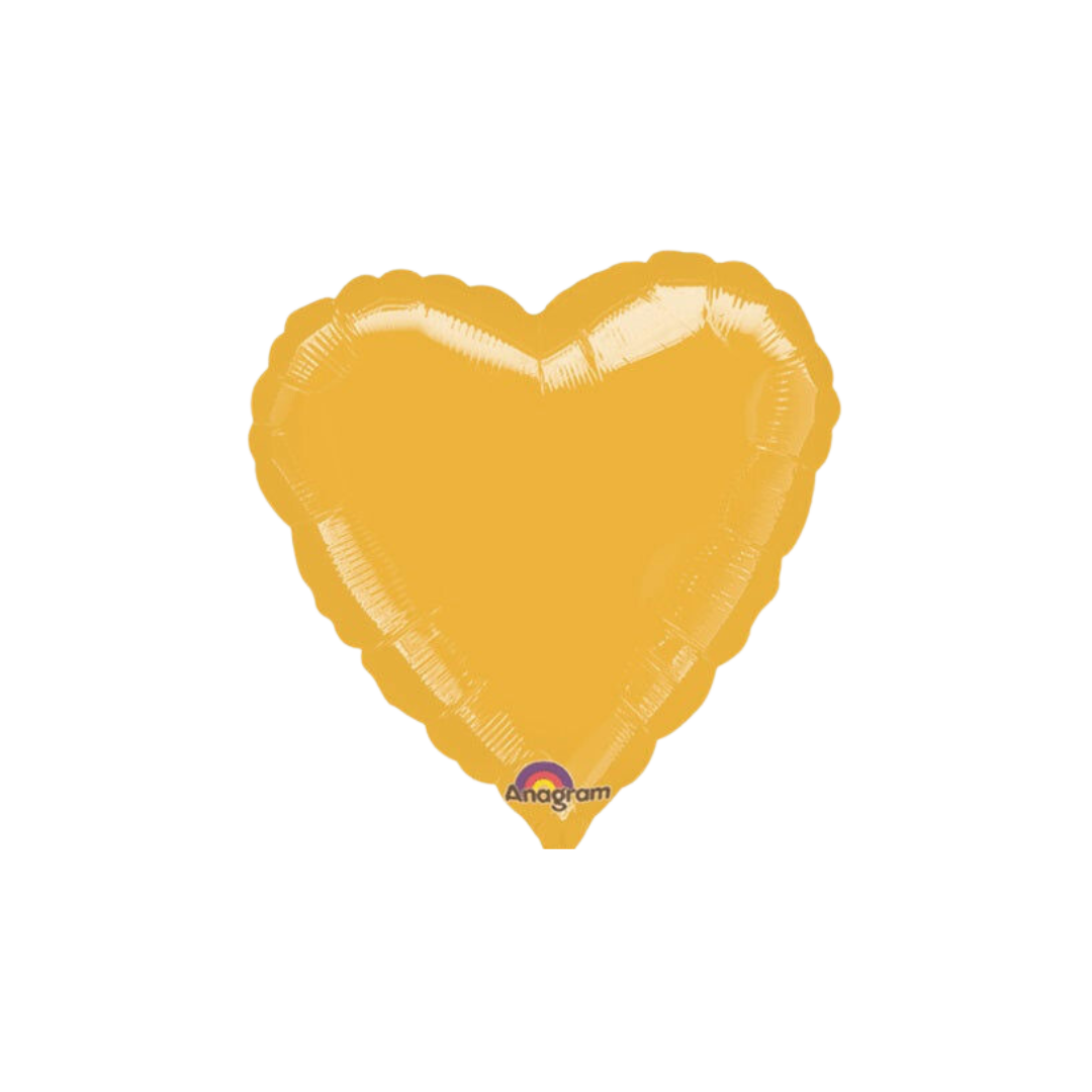 Gold 18in heart foil balloon with shiny finish for wedding or birthday parties – from Parte Haus party supply store in Bethesda, MD.