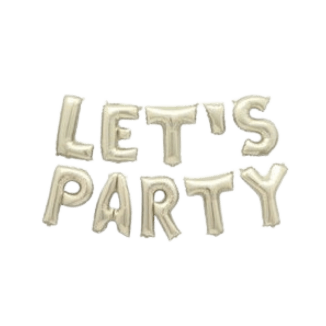 Gold foil balloon letter banner with lets party text for birthday from Parte Haus party supply store in Bethesda MD.
