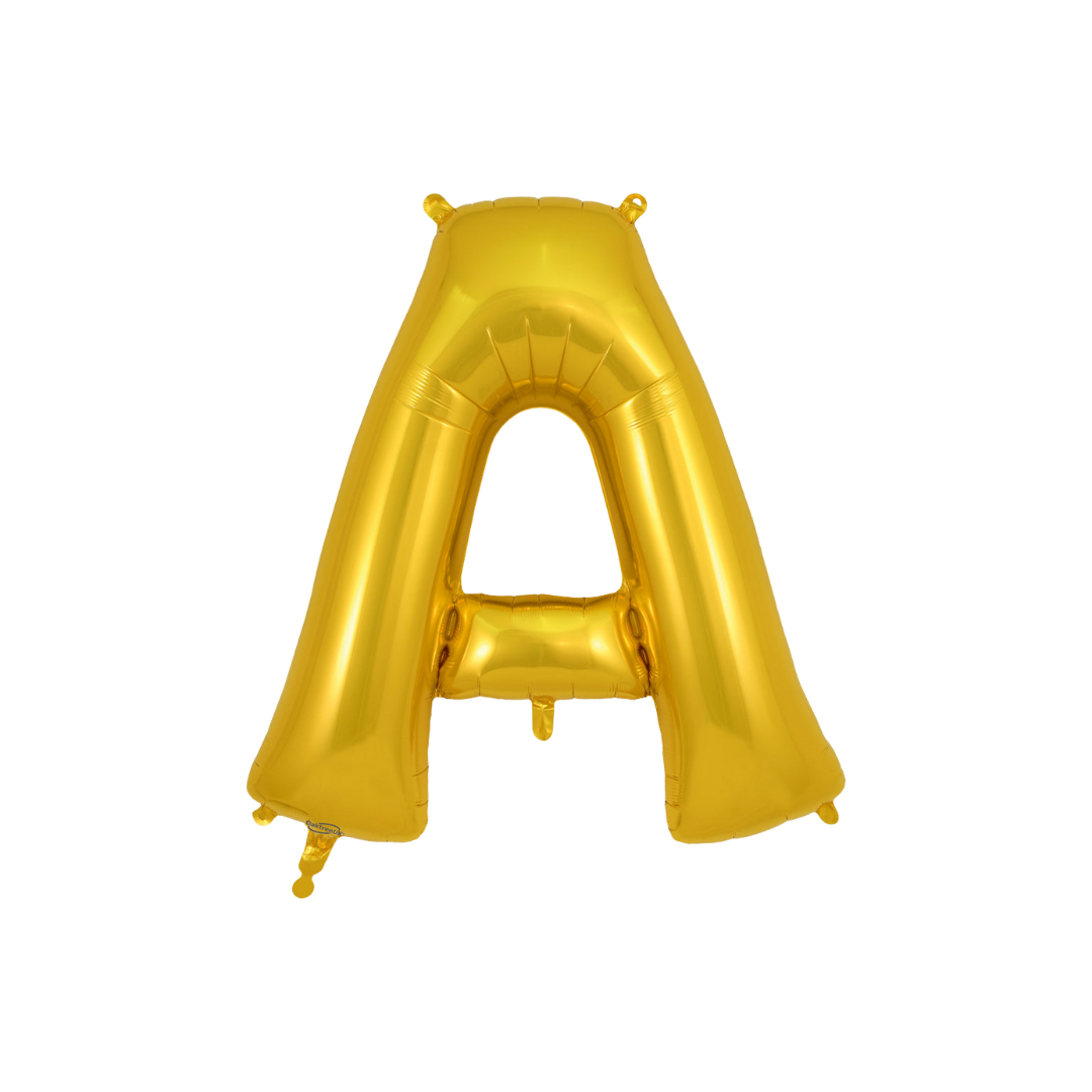 Gold 34in letter A foil balloon for birthday parties – from Parte Haus party supply store in Bethesda, Maryland.