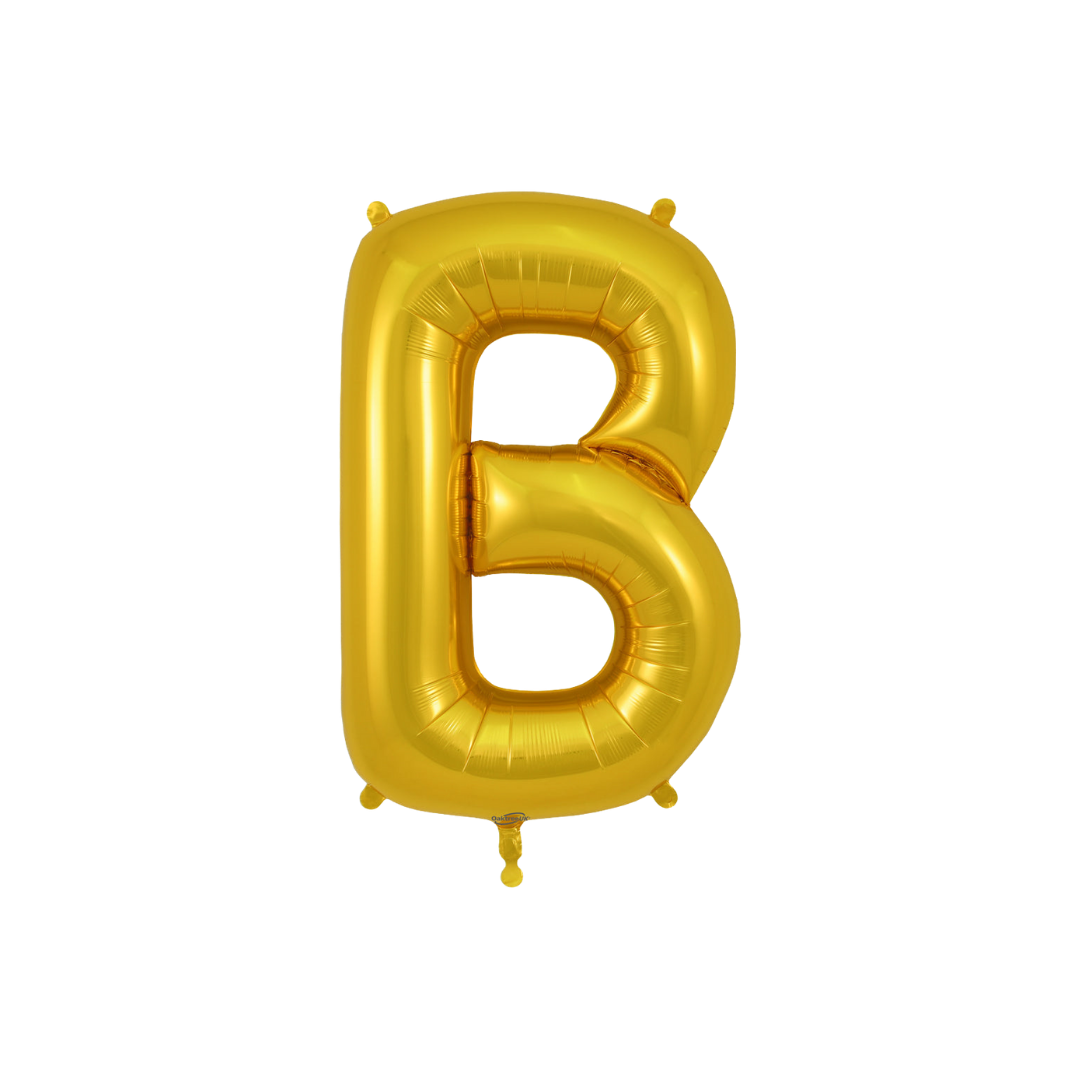 Gold 34in letter B foil balloon for birthday parties – from Parte Haus party supply store in Bethesda, Maryland.