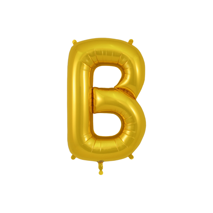 Gold 34in letter B foil balloon for birthday parties – from Parte Haus party supply store in Bethesda, Maryland.