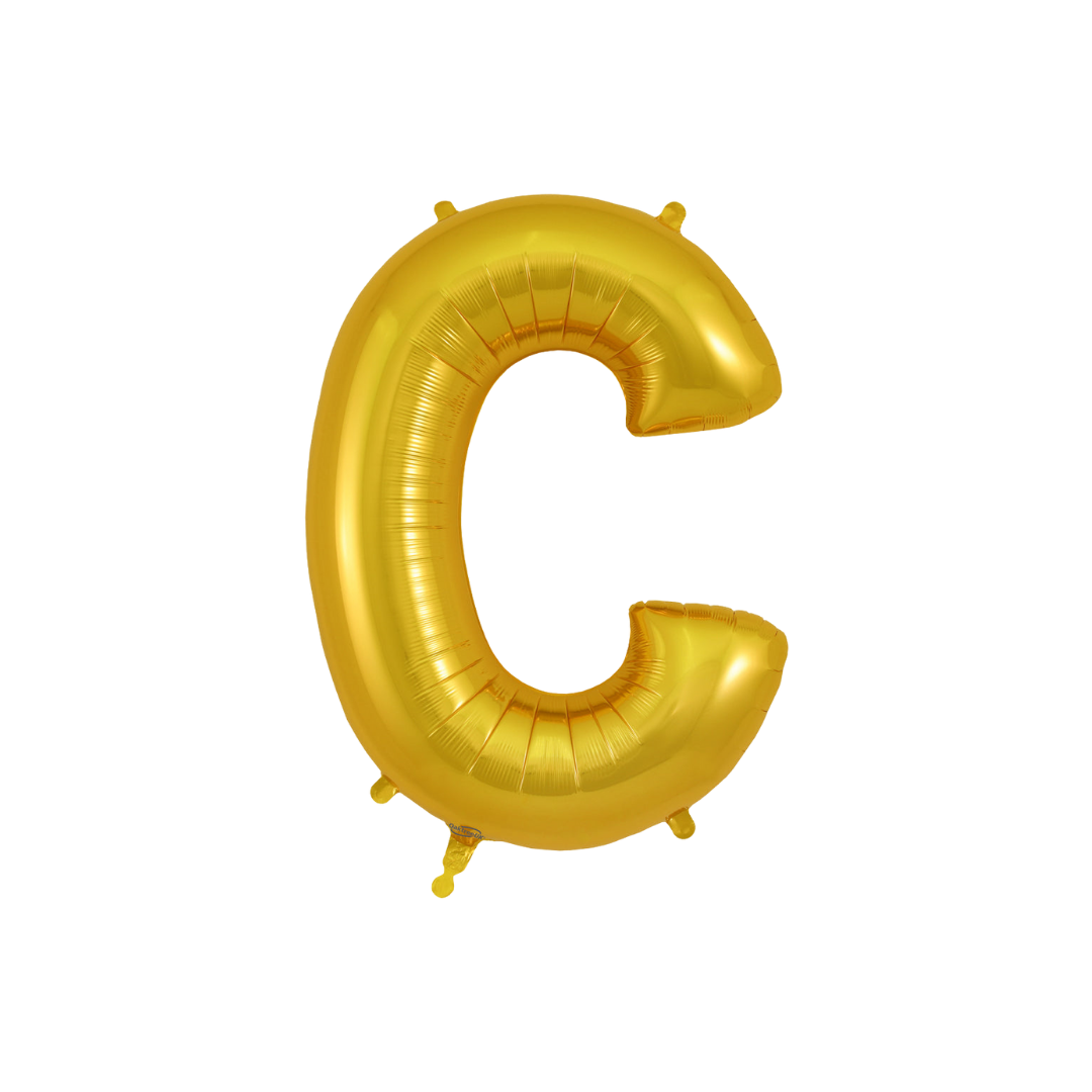 Gold 34in letter C foil balloon for birthday parties – from Parte Haus party supply store in Bethesda, Maryland.