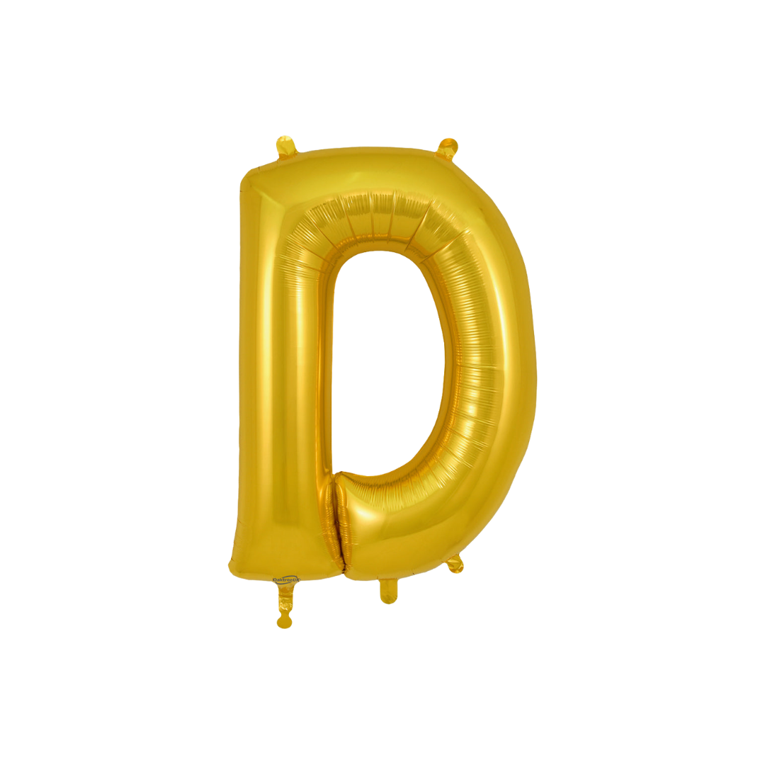 Gold 34in letter D foil balloon for birthday parties – from Parte Haus party supply store in Bethesda, Maryland.