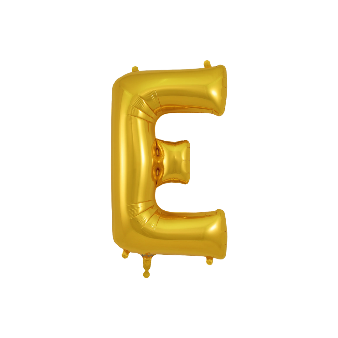 Gold letter E foil balloon shiny decoration for birthday theme from Parte Haus party supply store in Bethesda MD
