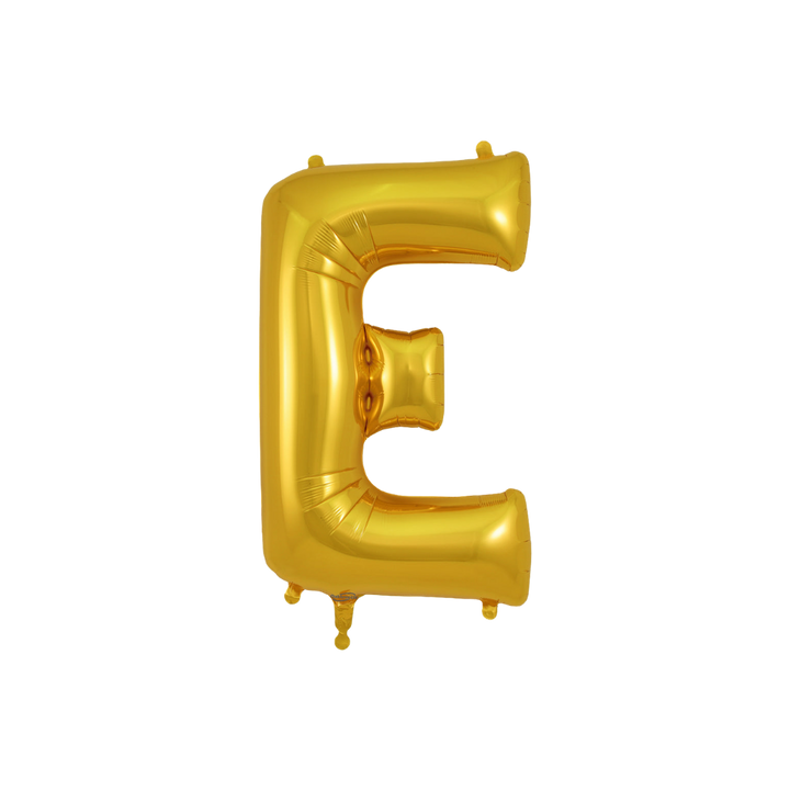 Gold 34in letter E foil balloon for birthday parties – from Parte Haus party supply store in Bethesda, MD.