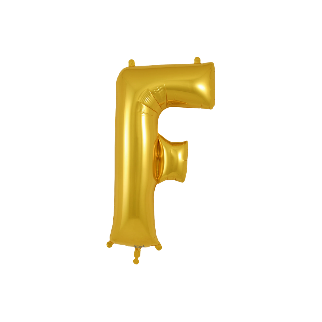 Gold 34in letter F foil balloon for birthday parties – from Parte Haus party supply store in Bethesda, MD.