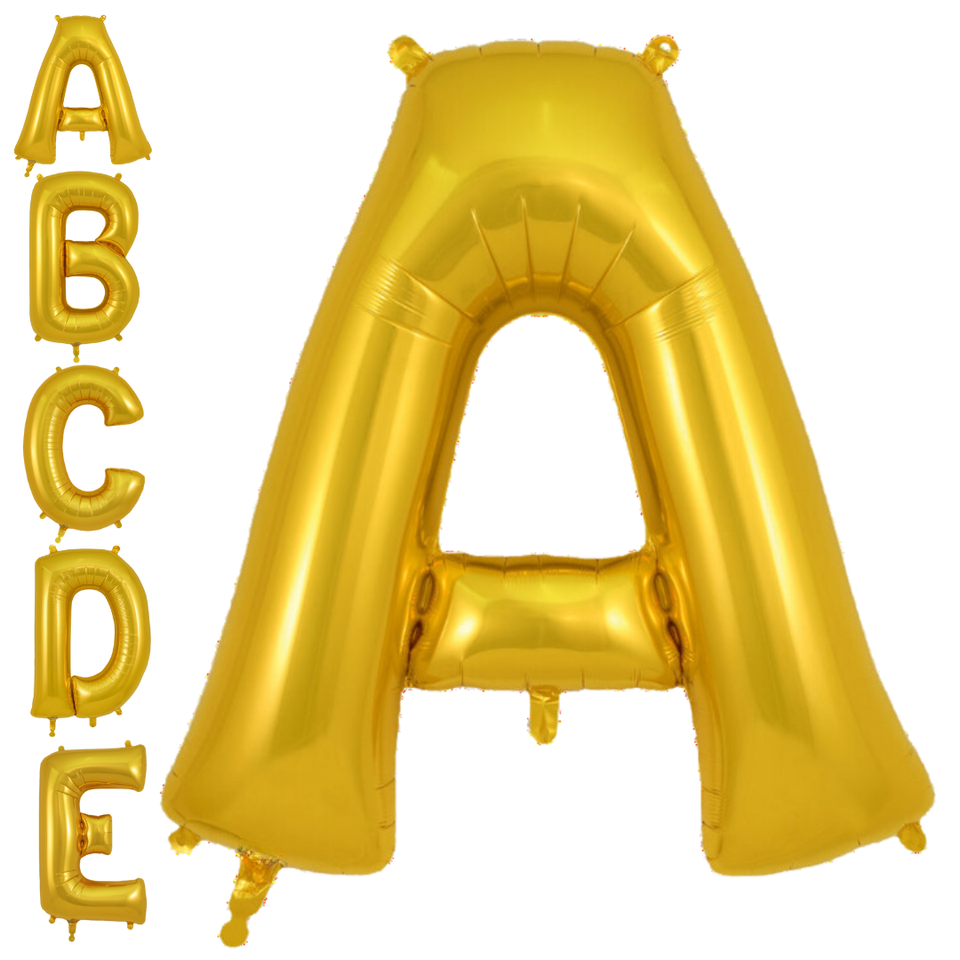 gold letter foil balloon shaped like A for birthday from Parte Haus party supply store in Bethesda Maryland