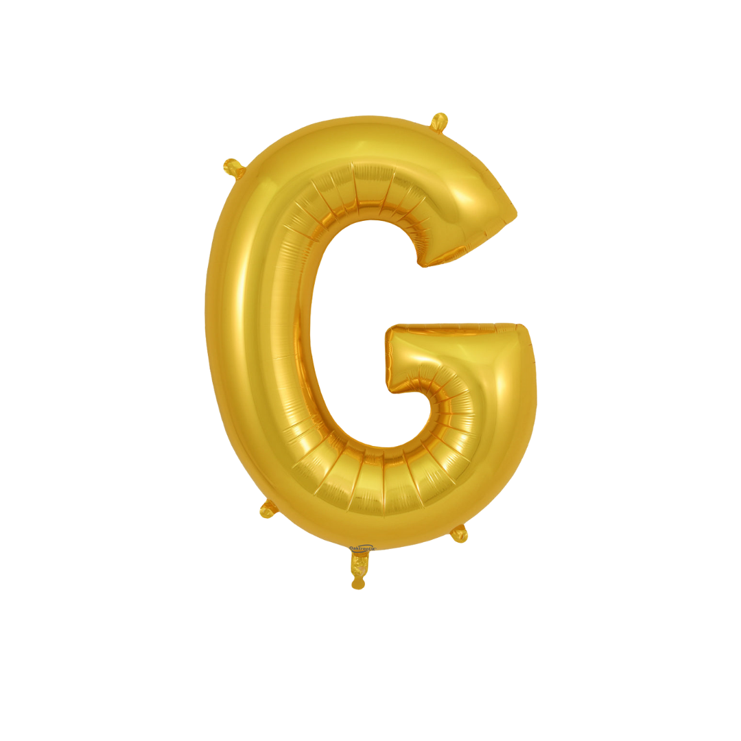 Gold 34in letter G foil balloon for birthday parties – from Parte Haus party supply store in Bethesda, Maryland.
