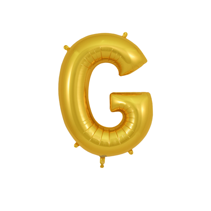 Gold 34in letter G foil balloon for birthday parties – from Parte Haus party supply store in Bethesda, Maryland.
