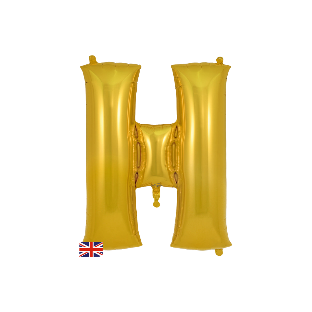 Gold 34in letter H foil balloon for birthday parties – from Parte Haus party supply store in Bethesda, Maryland.
