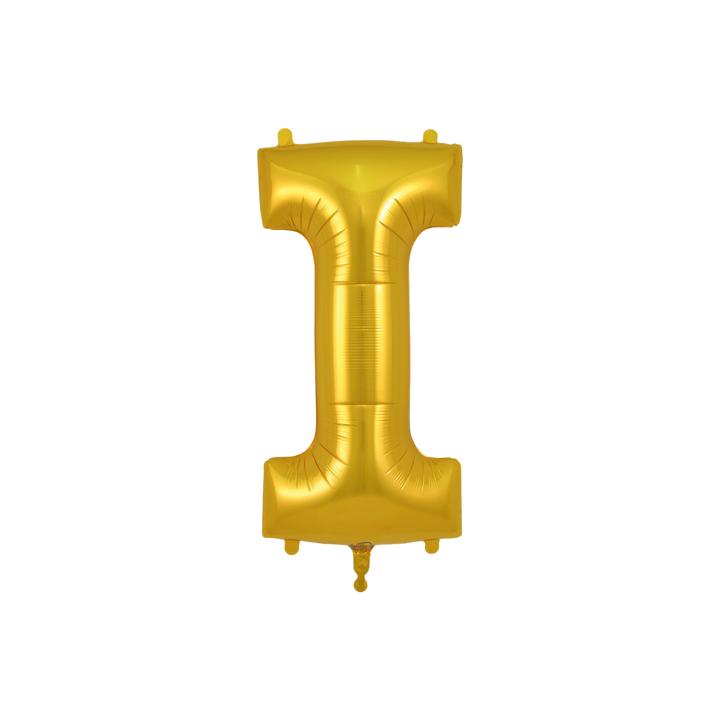 Gold 34in letter I foil balloon for birthday parties – from Parte Haus party supply store in Bethesda, Maryland.