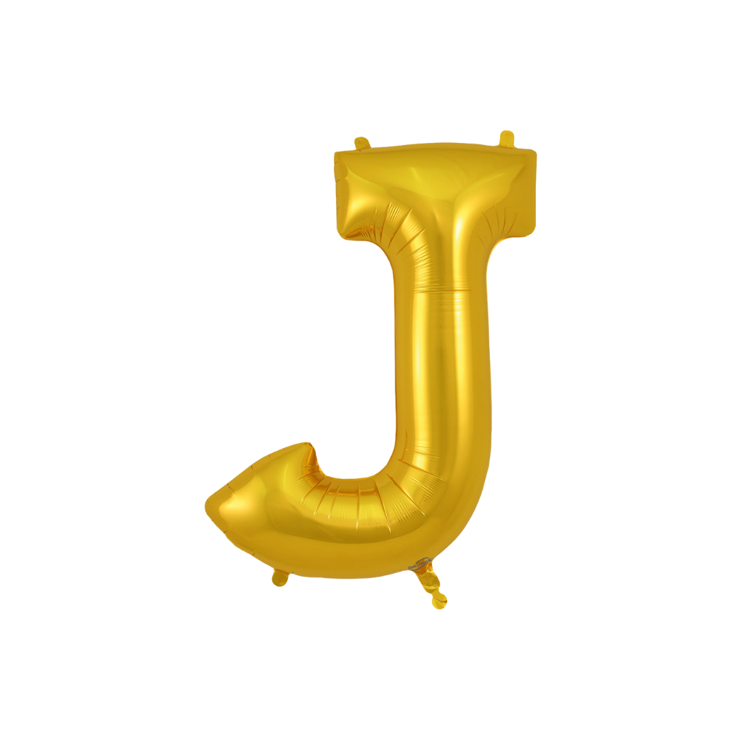 Gold 34in letter J foil balloon for birthday parties – from Parte Haus party supply store in Bethesda, MD.