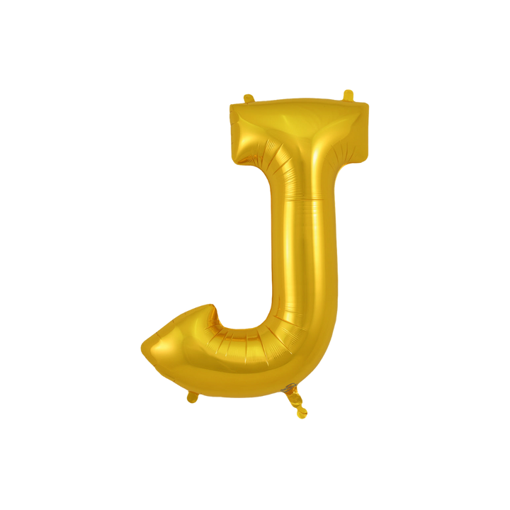 Gold 34in letter J foil balloon for birthday parties – from Parte Haus party supply store in Bethesda, MD.