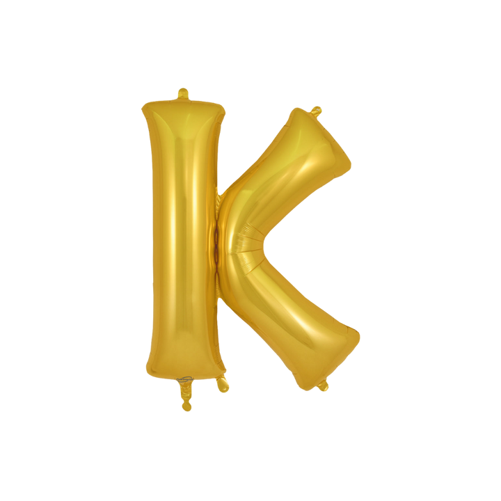 Gold 34in letter K foil balloon for birthday parties – from Parte Haus party supply store in Bethesda, Maryland.