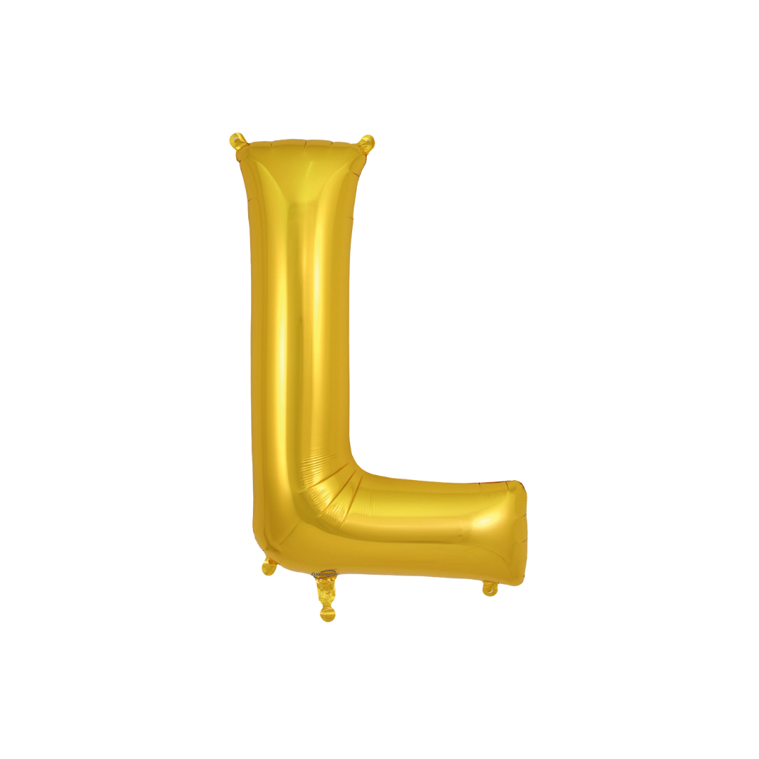 Gold 34in letter L foil balloon for birthday parties – from Parte Haus party supply store in Bethesda, MD.
