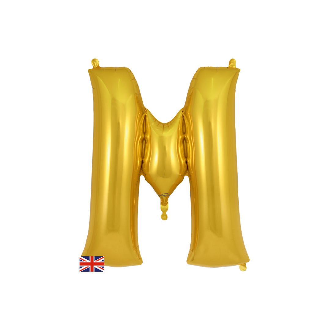 Gold 34in letter M foil balloon for birthday parties – from Parte Haus party supply store in Bethesda, Maryland.