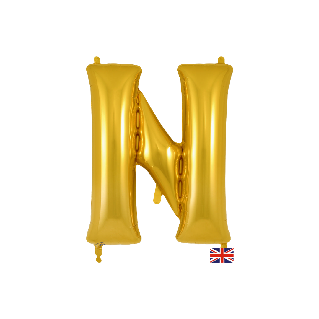 Gold 34in letter N foil balloon for birthday parties – from Parte Haus party supply store in Bethesda, Maryland.