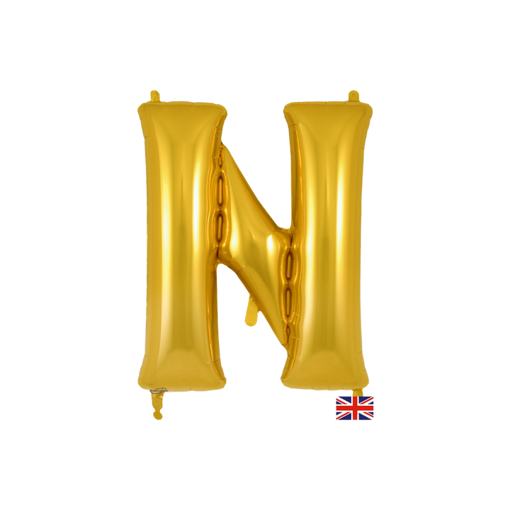 Gold 34in letter N foil balloon for birthday parties – from Parte Haus party supply store in Bethesda, Maryland.