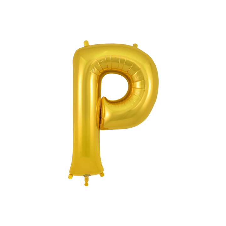 Gold 34in letter P foil balloon for birthday parties – from Parte Haus party supply store in Bethesda, Maryland.