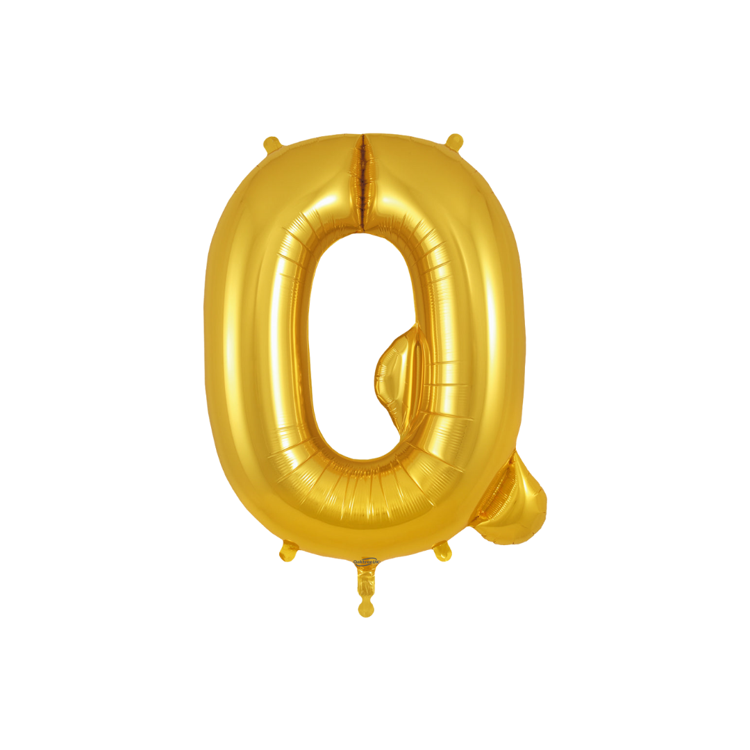 Gold letter Q foil balloon for birthday party decor from Parte Haus party supply store in Bethesda Maryland