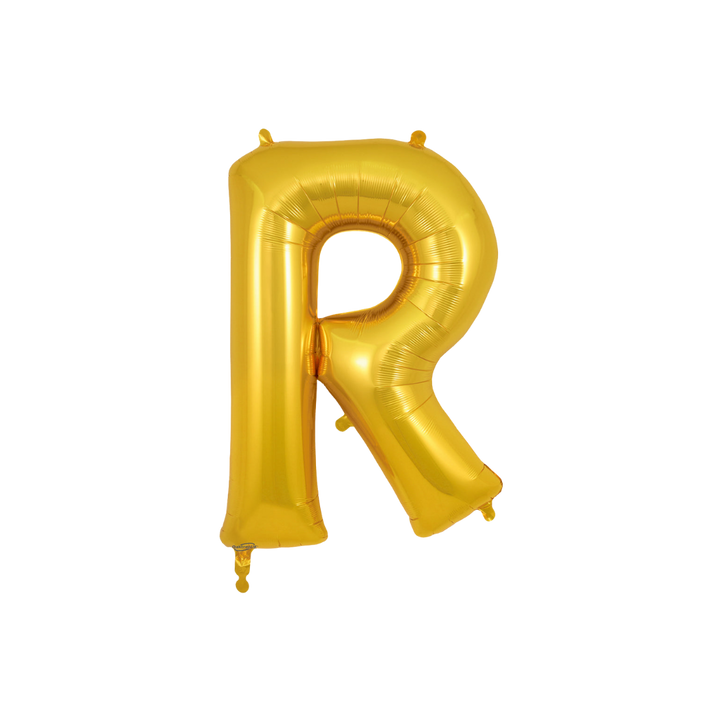 Gold 34in letter R foil balloon for birthday parties – from Parte Haus party supply store in Bethesda, Maryland.