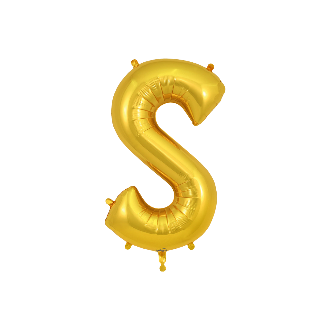 Gold 34in letter S foil balloon for birthday parties – from Parte Haus party supply store in Bethesda, Maryland.