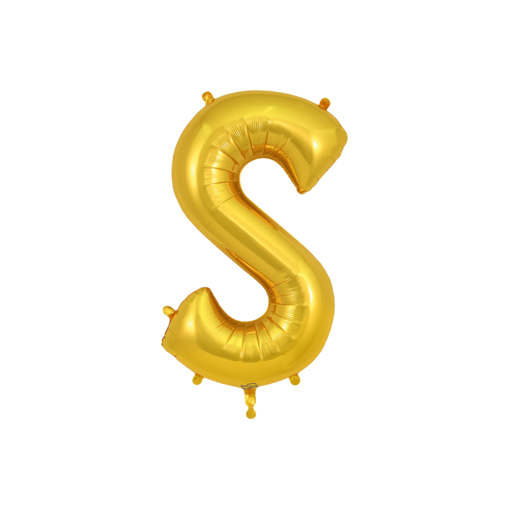 Gold 34in letter S foil balloon for birthday parties – from Parte Haus party supply store in Bethesda, Maryland.