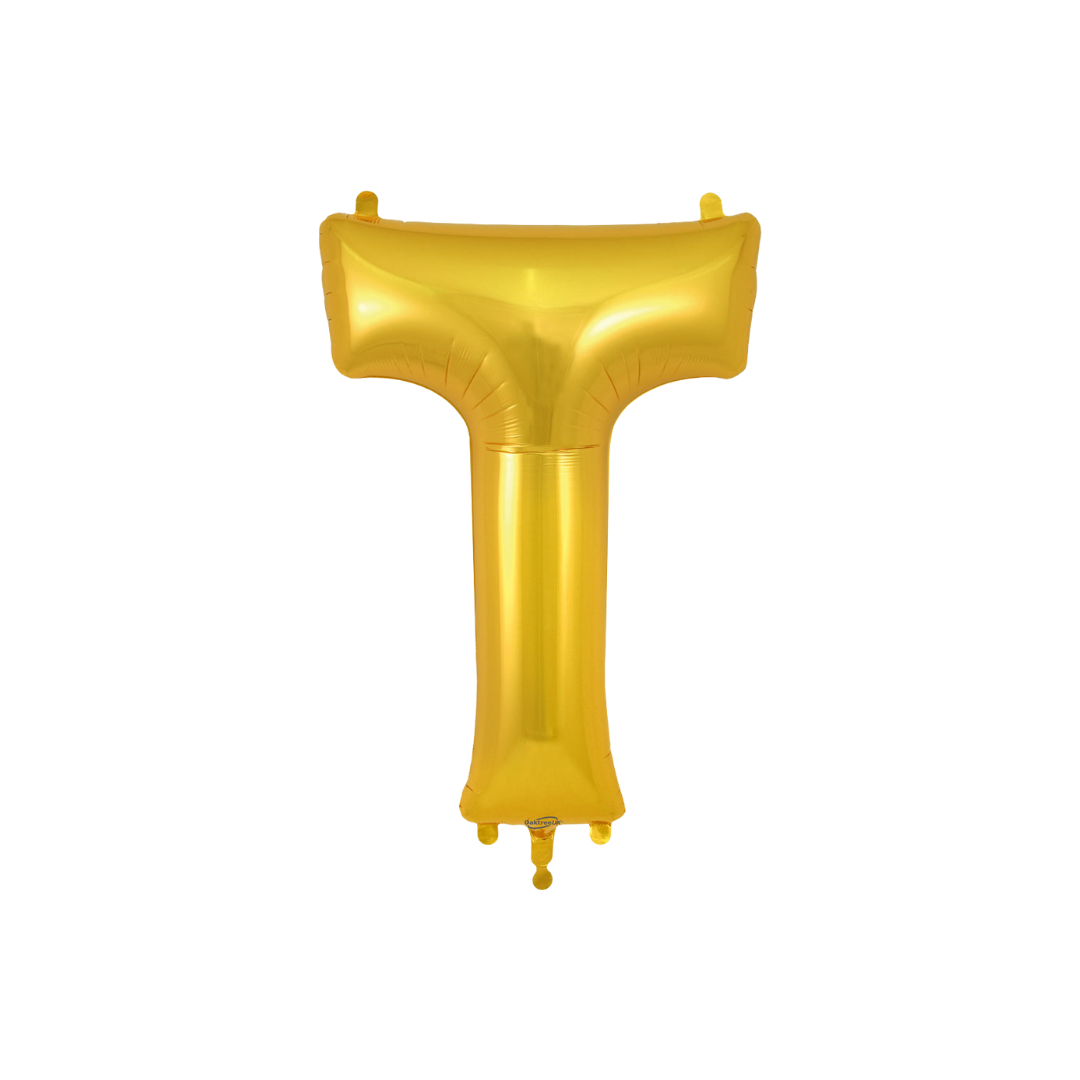 Gold 34in letter T foil balloon for birthday parties – from Parte Haus party supply store in Bethesda, MD.