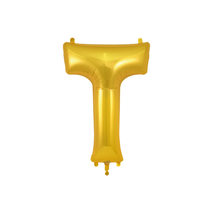 Gold 34in letter T foil balloon for birthday parties – from Parte Haus party supply store in Bethesda, MD.