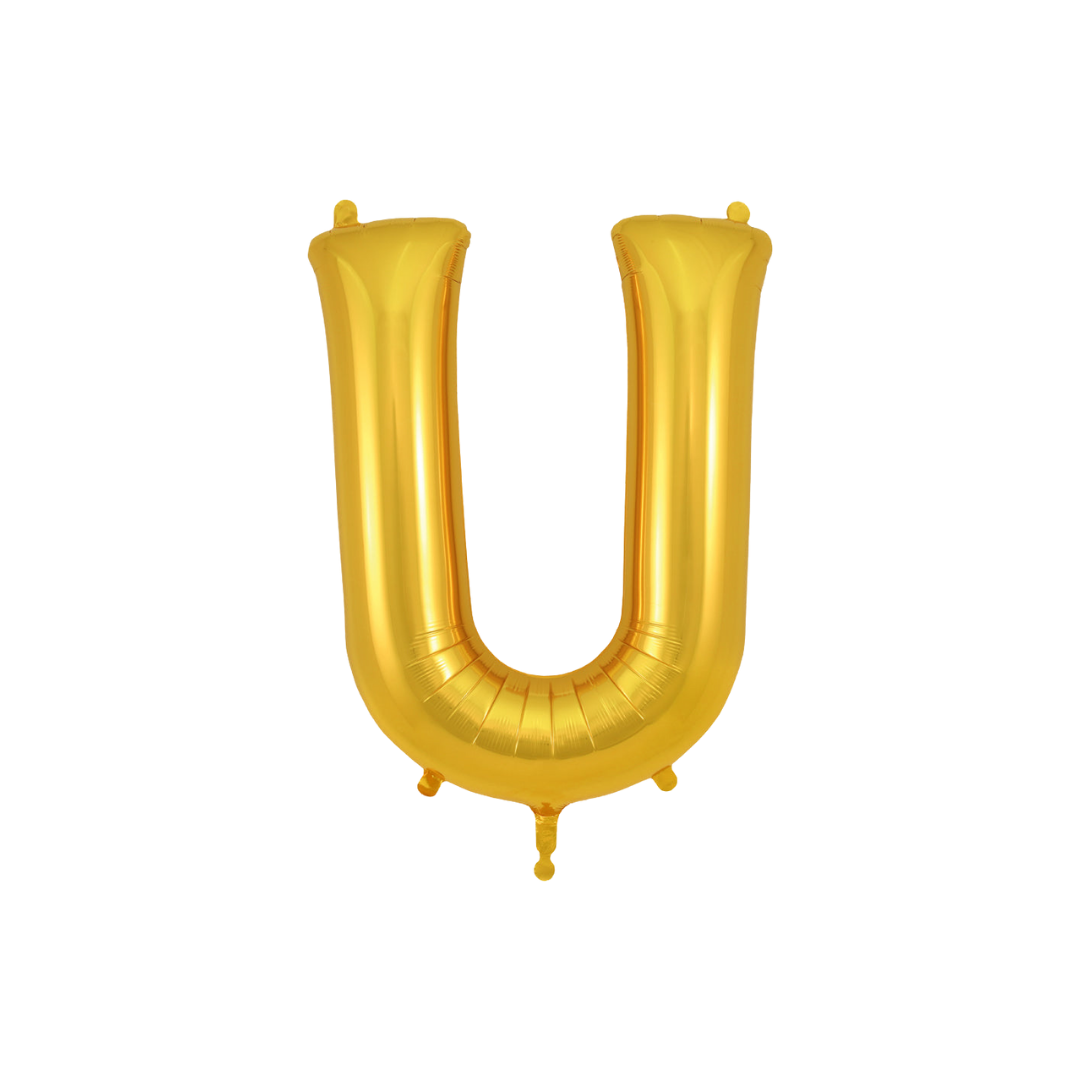 Gold 34in letter U foil balloon for birthday parties – from Parte Haus party supply store in Bethesda, Maryland.