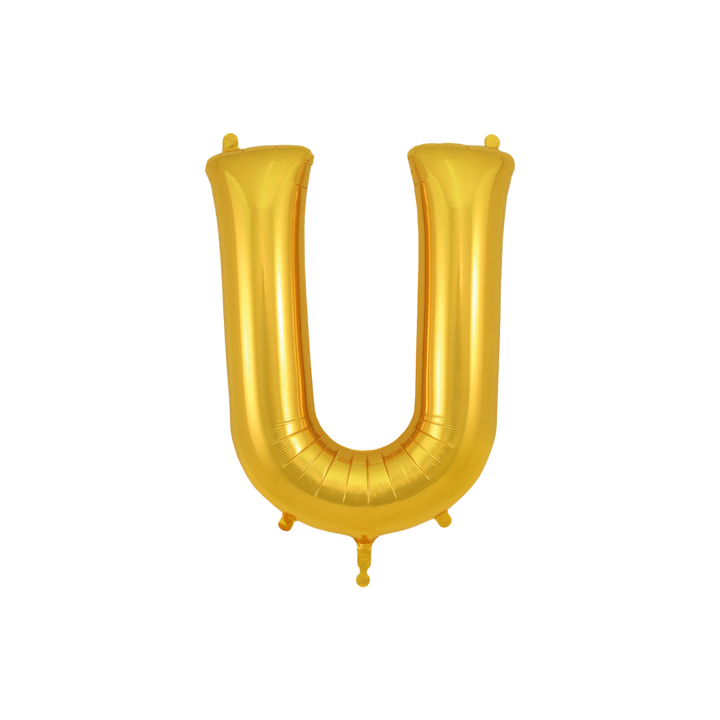 Gold 34in letter U foil balloon for birthday parties – from Parte Haus party supply store in Bethesda, Maryland.