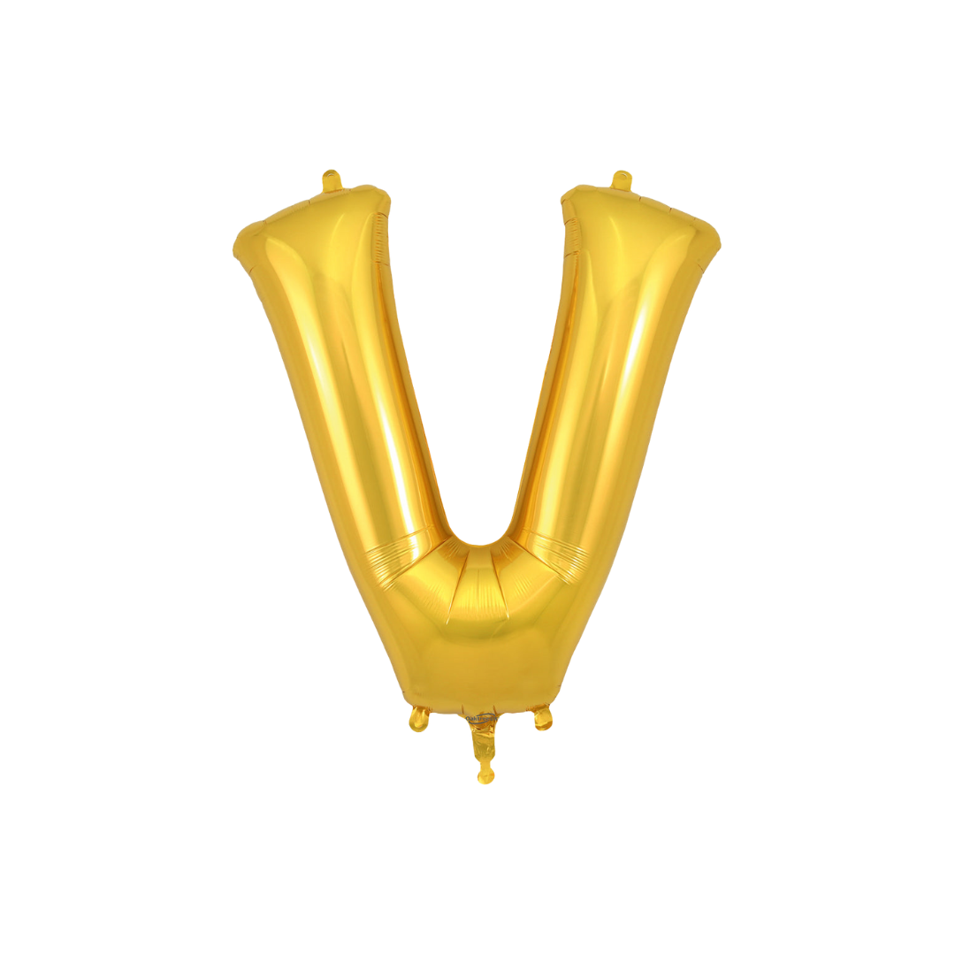 Gold 34in letter V foil balloon for birthday parties – from Parte Haus party supply store in Bethesda, Maryland.