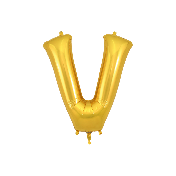 Gold 34in letter V foil balloon for birthday parties – from Parte Haus party supply store in Bethesda, Maryland.