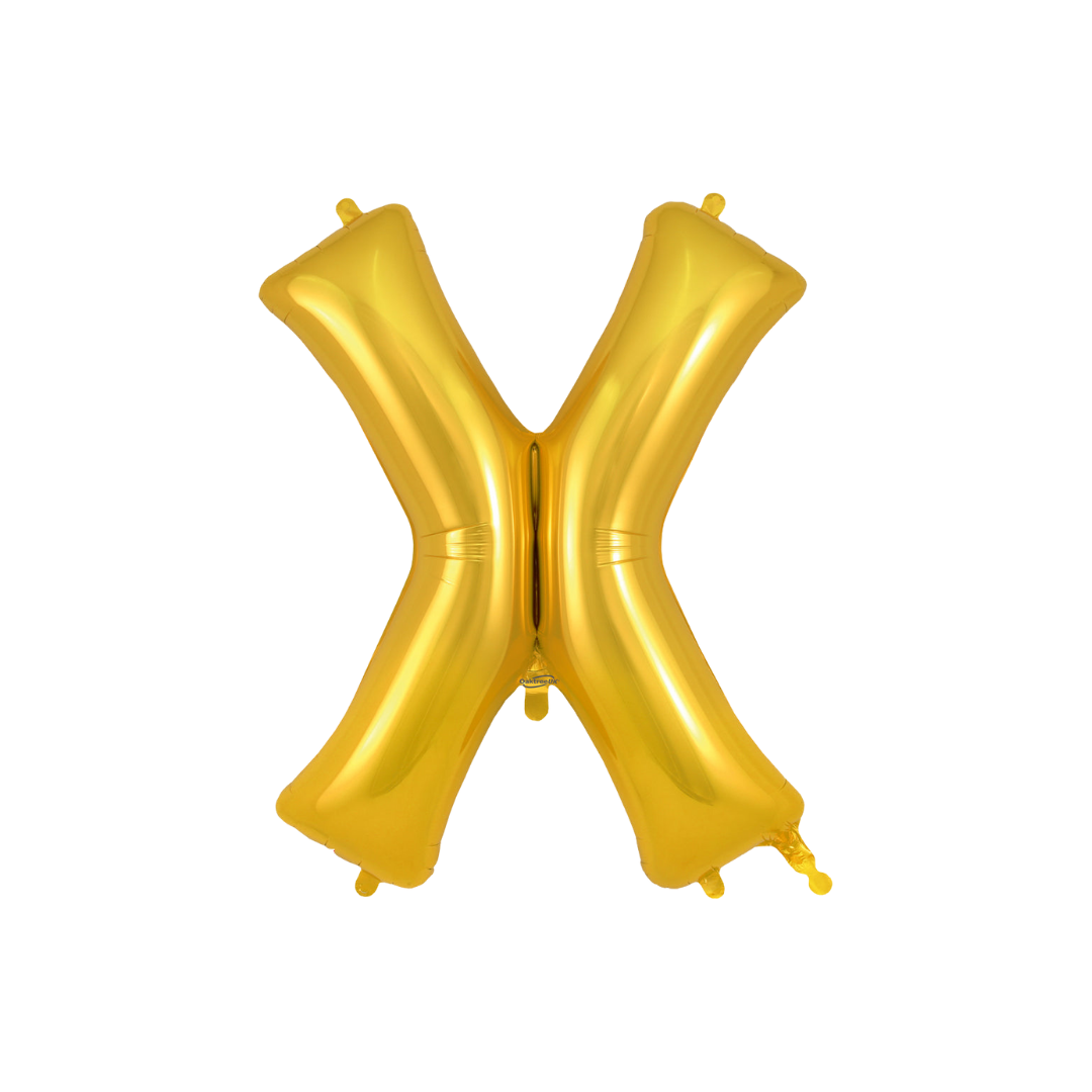 Gold 34in letter X foil balloon for birthday parties – from Parte Haus party supply store in Bethesda, Maryland.