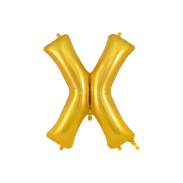 Gold 34in letter X foil balloon for birthday parties – from Parte Haus party supply store in Bethesda, Maryland.