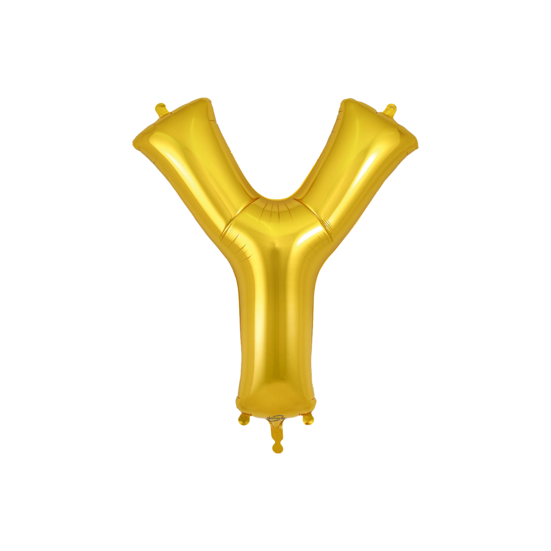 Gold 34in letter Y foil balloon for birthday parties – from Parte Haus party supply store in Bethesda, Maryland.