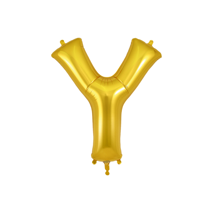 Gold 34in letter Y foil balloon for birthday parties – from Parte Haus party supply store in Bethesda, Maryland.