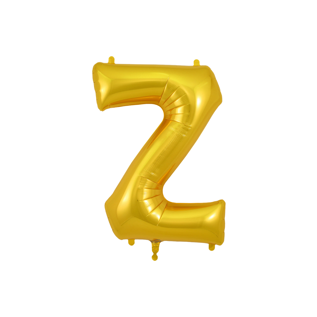 Gold 34in letter Z foil balloon for birthday parties – from Parte Haus party supply store in Bethesda, Maryland.