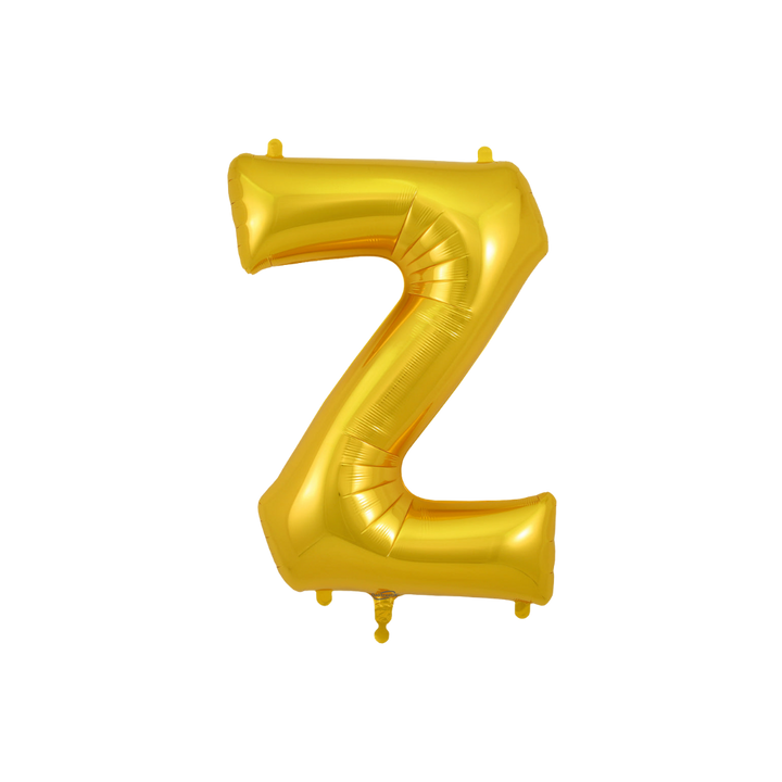 Gold 34in letter Z foil balloon for birthday parties – from Parte Haus party supply store in Bethesda, Maryland.