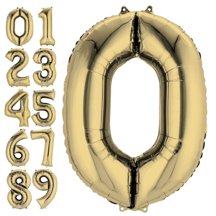 Gold 34in number 0 foil balloon for birthday parties – from Parte Haus party supply store in Bethesda, Maryland.