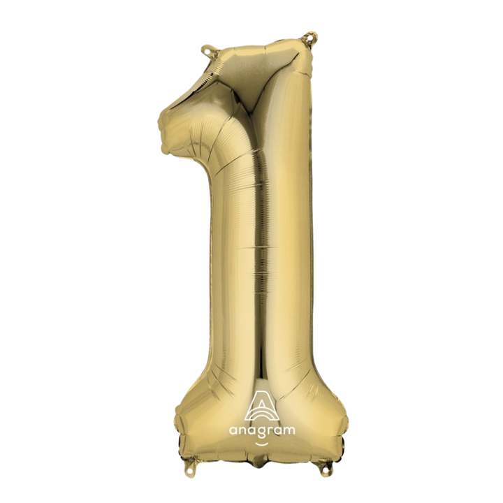 Gold 34in number 1 foil balloon for birthday parties – from Parte Haus party supply store in Bethesda, MD.