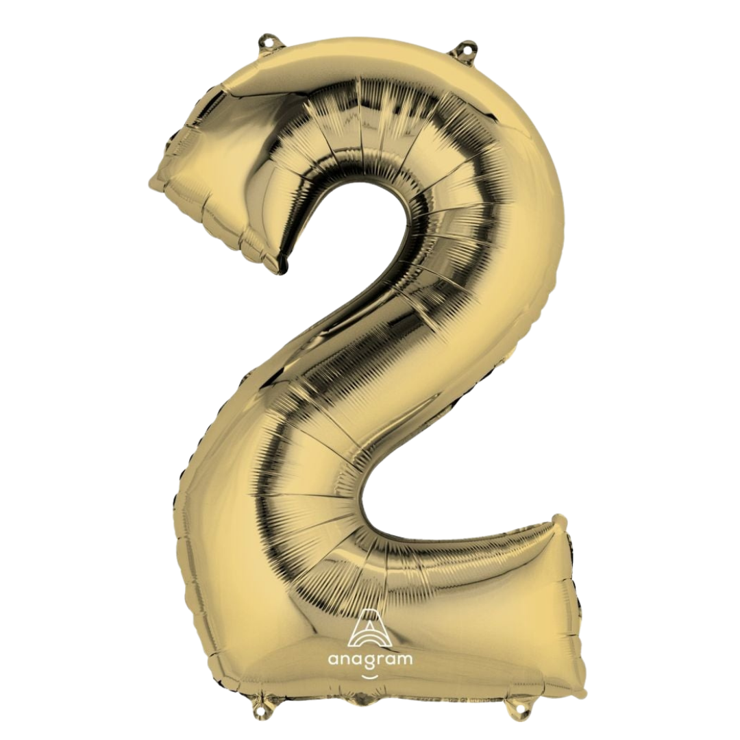Gold 34in number 2 foil balloon for birthday parties – from Parte Haus party supply store in Bethesda, MD.