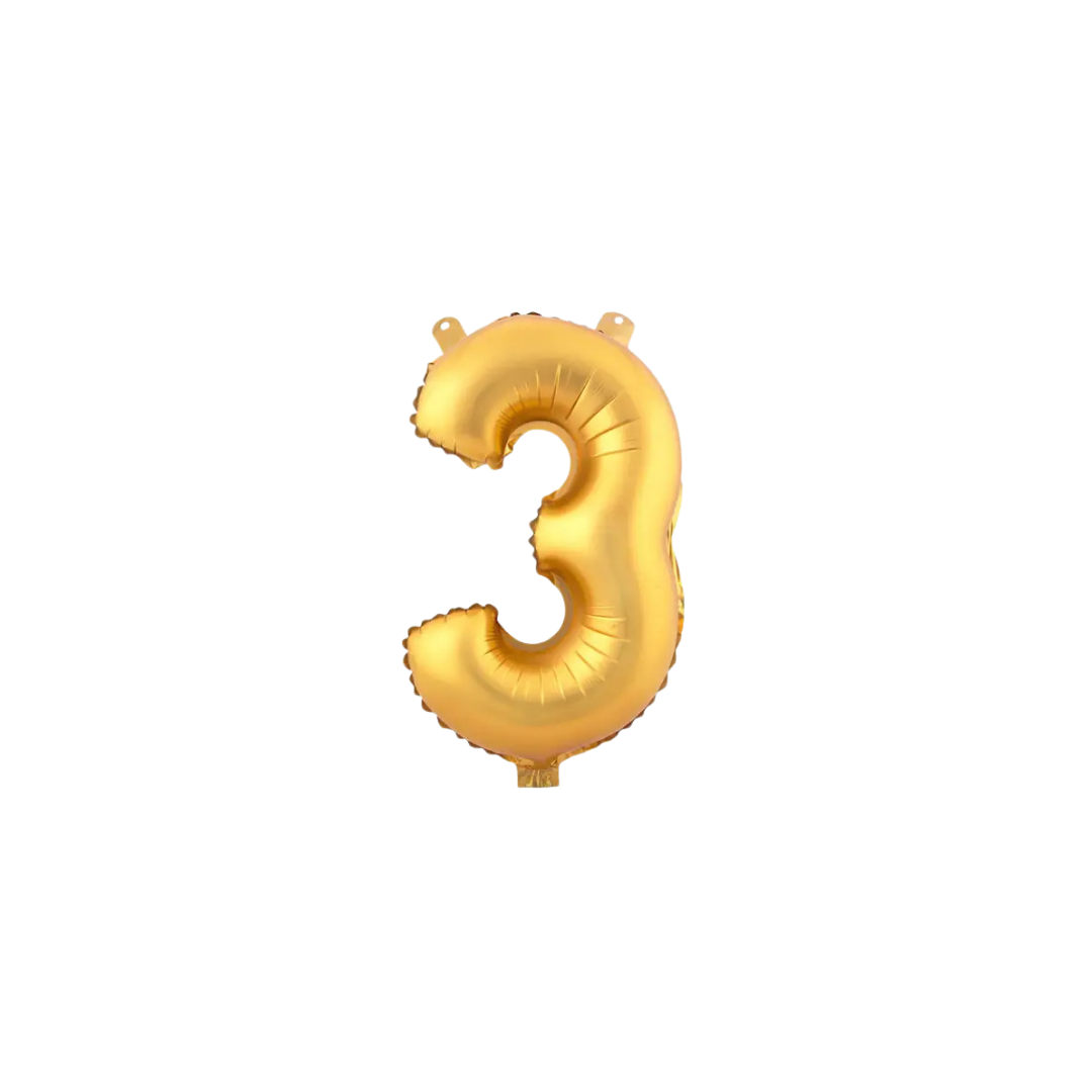 Gold 34in number 3 foil balloon for birthday parties from Parte Haus party supply store in Bethesda, Maryland.