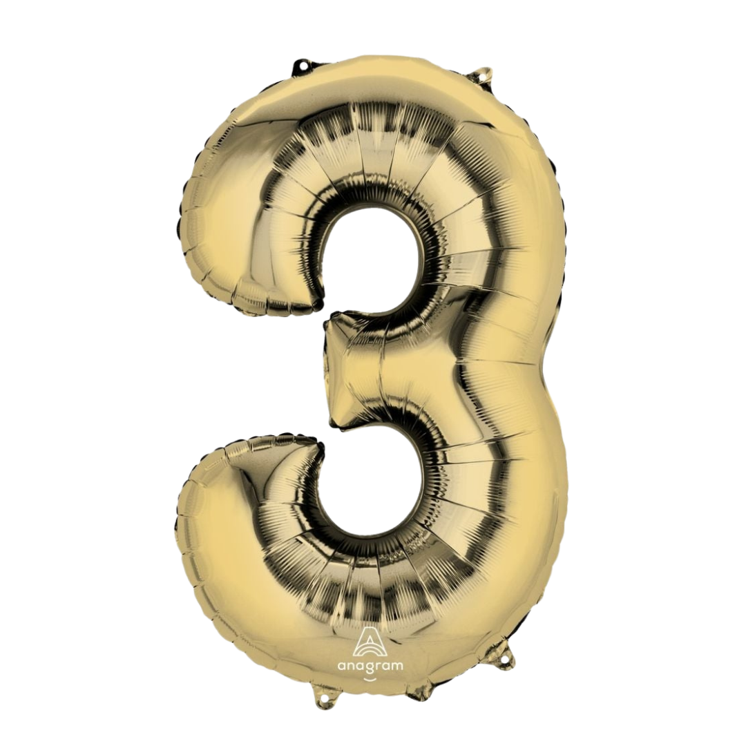 Gold 34in number 3 foil balloon for birthday parties – from Parte Haus party supply store in Bethesda, Maryland.