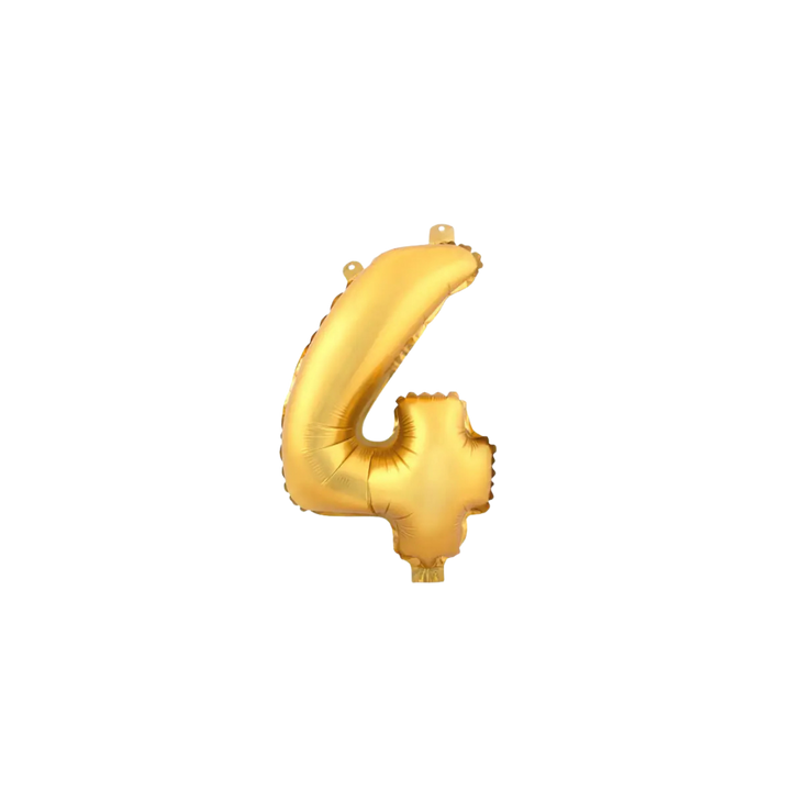Gold 34in number 4 foil balloon for birthday parties from Parte Haus party supply store in Bethesda, Maryland.