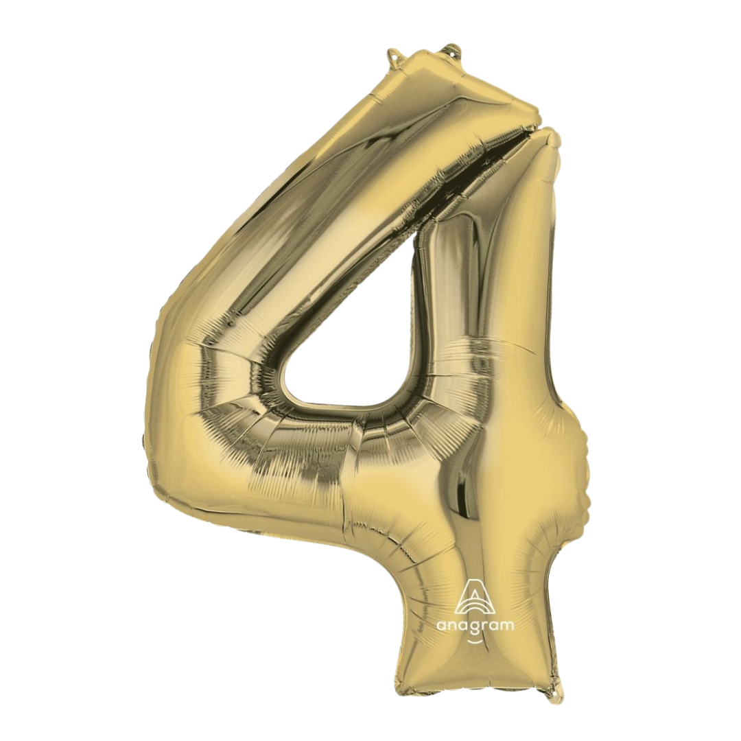 Gold 34in number 4 foil balloon for birthday parties – from Parte Haus party supply store in Bethesda, MD.